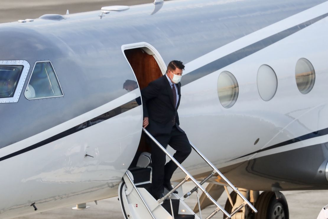 Keith Krach, US Undersecretary of State for Economic Growth, Energy and the Environment, alights from an aircraft after landing at the Songshan airport in Taipei on September 17.