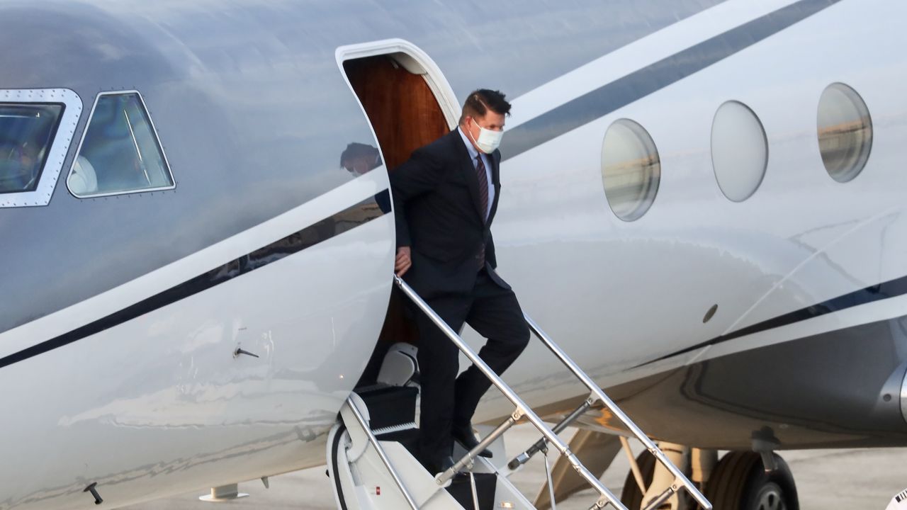 Keith Krach, US Undersecretary of State for Economic Growth, Energy and the Environment, alights from an aircraft after landing at the Songshan airport in Taipei on September 17.