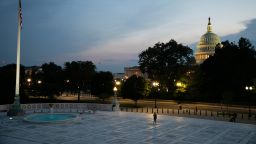 A general view of the U.S. Capitol Building at dusk, as seen from the U.S. Supreme Court in Washington, D.C., on Aug 5, 2020 amid the Coronavirus pandemic. During a week when confirmed COVID-19 deaths in America approached 160,000 and outbreaks raging across the south and west, Congress and the White House continued negotiations on additional stimulus spending with Republicans struggling to find unity within their own ranks. (Graeme Sloan/Sipa USA/AP)