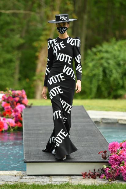 Christian Siriano's show was not part of official New York Fashion Week, and was held the day after the event closed, at a private location in Westport, Connecticut. Many of the models wore outfits and accessories with the 'Vote' message. Shoes were designed by Sarah-Jessica Parker's SJP line. 