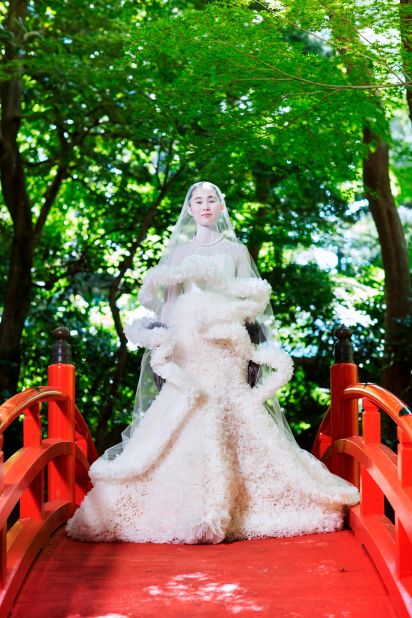 A mermaid silhouette bridal dress from Japanese designer Tomo Koizumi in collaboration with wedding store Treat. 