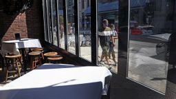 BOSTON, MA - SEPTEMBER 8: Table cloths are set up on tables at the LIR in Boston on Sept. 8, 2020. McGreevey's, the Pour House, the Lir,  and Whiskey's, four bars and pubs on Boylston St. in Boston, are all closed down during the COVID-19 pandemic, leaving a once-bustling part of the city empty. (Photo by David L. Ryan/The Boston Globe via Getty Images)