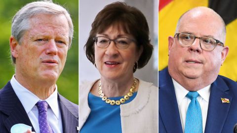 The reelection campaign of Republican Sen. Susan Collins of Maine (center) unveiled endorsements Friday from two GOP governors from traditionally blue states: Charlie Baker of Massachusetts (at left) and Larry Hogan of Maryland (at right). 