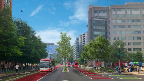 This rendering from Lyft shows how M Street in Southwest Washington, DC could be redesigned to cater to modes other than cars.
