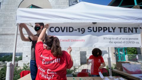 A "COVID-19 Supply Tent" is seen on Move In Day 2020 - North and West Campus, at Cornell University, Ithaca, New York.