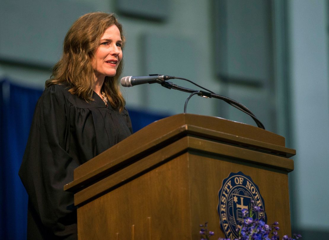  In this May 19, 2018 file photo, Amy Coney Barrett, United States Court of Appeals for the Seventh Circuit judge, speaks during the University of Notre Dame's Law School commencement ceremony at the University of Notre Dame in South Bend, Ind. (Robert Franklin /South Bend Tribune via AP, File)