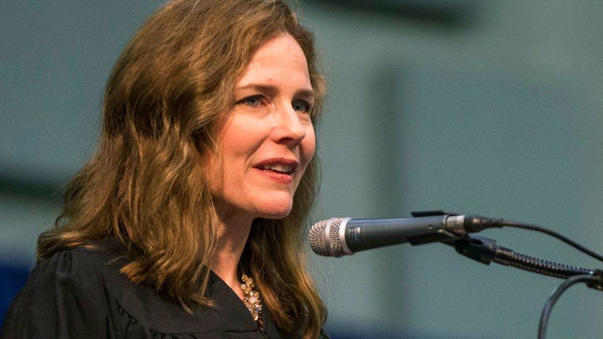 In this May 19, 2018 file photo, Amy Coney Barrett, United States Court of Appeals for the Seventh Circuit judge, speaks during the University of Notre Dame's Law School commencement ceremony at the University of Notre Dame in South Bend, Indiana.