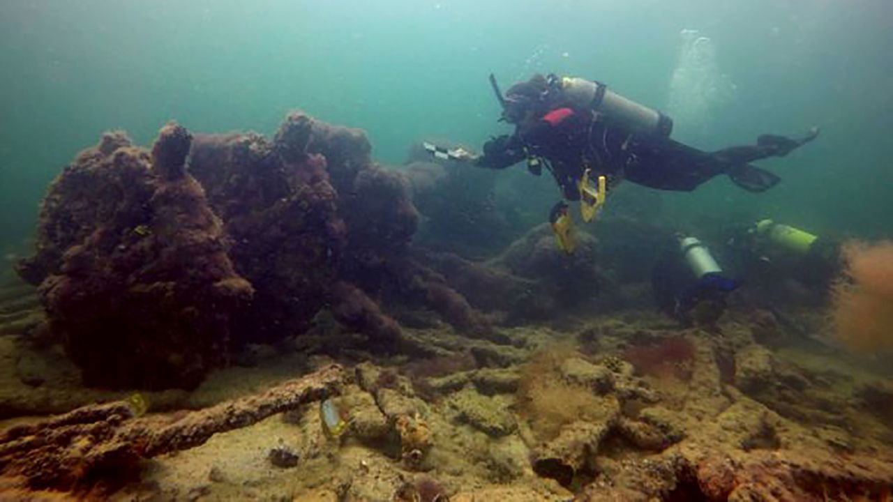 Divers swim near the wreck of "La Union," which carried Mayan people for slave trade in the 1850's, off the coast of Sisal, Yucatan, Mexico.