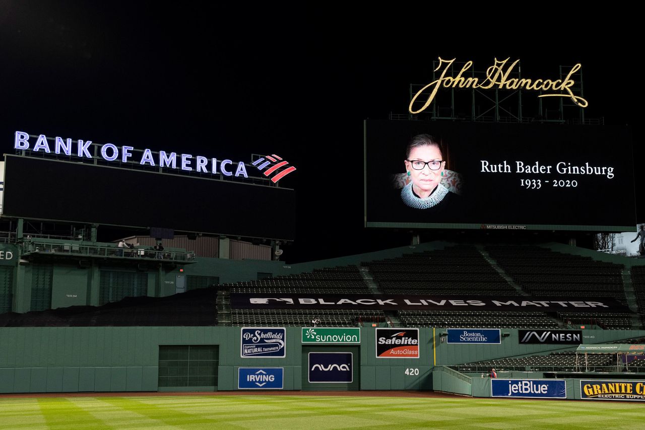 A moment of silence is held for Ginsburg before a baseball game in Boston on September 19.