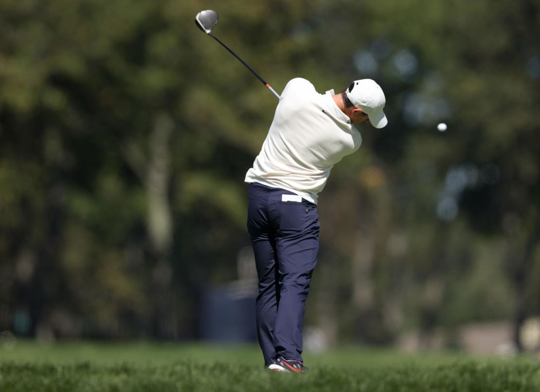 Rory McIlroy of Northern Ireland plays his shot from the second tee during the third round at Winged Foot Golf Club on his way to a two-under 68.