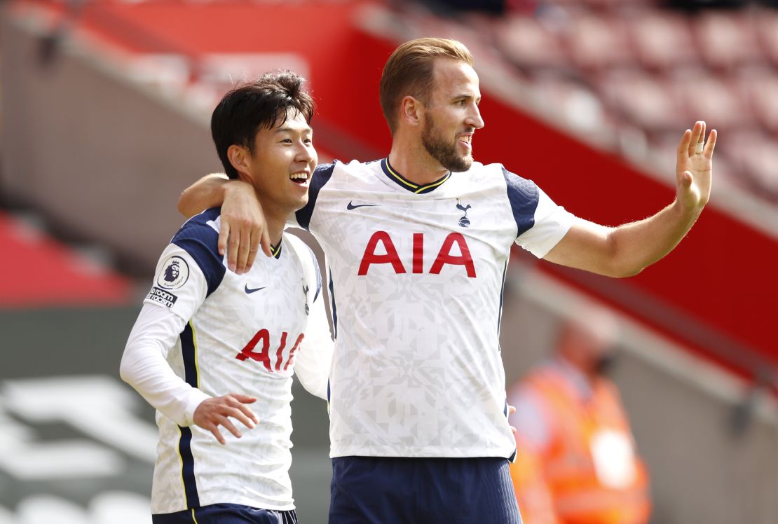 Son Heung-min  of Tottenham Hotspur celebrates with teammate Harry Kane after completing his hat-trick in the 5-2 win over Southampton.