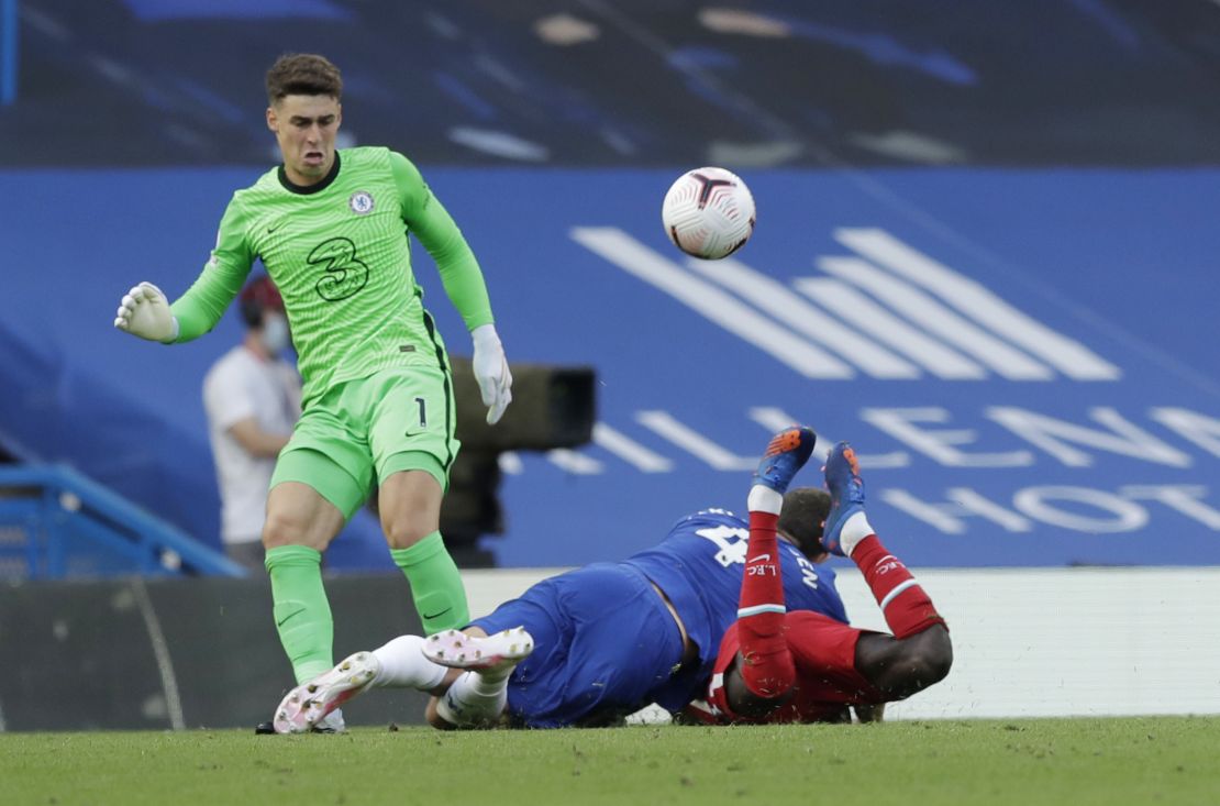 A decisive moment in the clash at Stamford Bridge as Chelsea's Andreas Christensen of Chelsea pulls down Sadio Mane of Liverpool and after a VAR review is shown the red card.