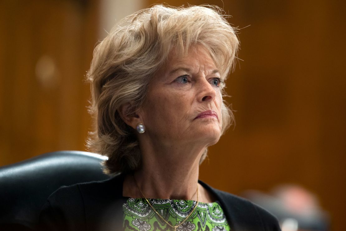 Sen. Lisa Murkowski looks on during a committee hearing on Covid-19 earlier this year. 