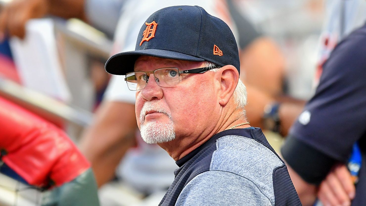 Detroit Tigers manager Ron Gardenhire looks on from the dugout as the Tigers played the Atlanta Braves on May 31, 2019 at SunTrust Park in Atlanta.