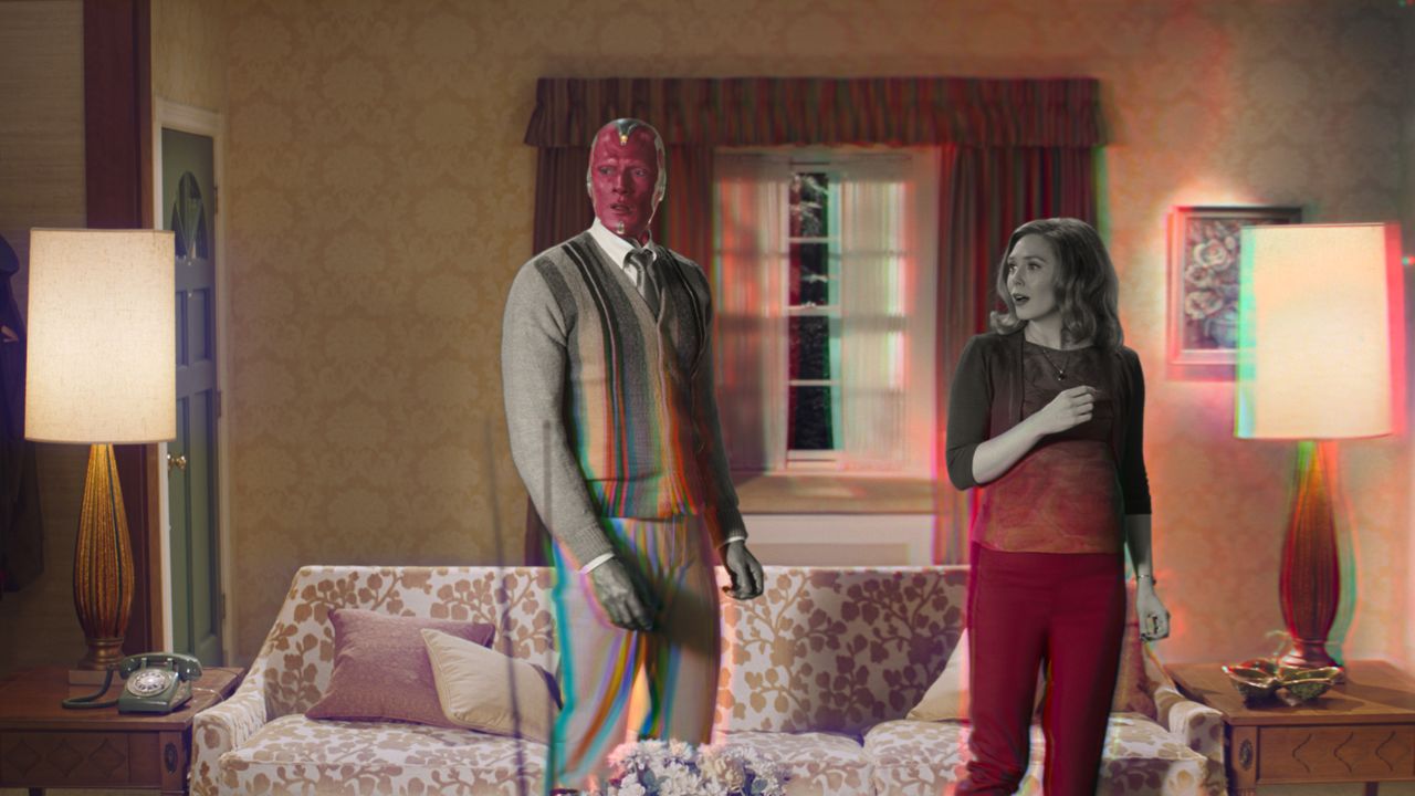 Paul Bettany is Vision and Elizabeth Olsen is Wanda Maximoff in Marvel Studios' WANDAVISION, exclusively on Disney+. 