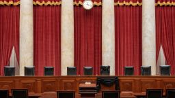 Justice Ruth Bader Ginsburg's Bench chair and the Bench directly in front of it have been draped with black wool crepe in memoriam.