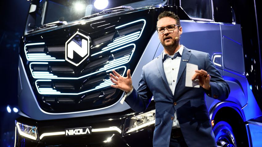2CJFMB7 CEO and founder of U.S. Nikola, Trevor Milton speaks during presentation of its new full-electric and hydrogen fuel-cell battery trucks in partnership with CNH Industrial, at an event in Turin, Italy December 2, 2019. REUTERS/Massimo Pinca