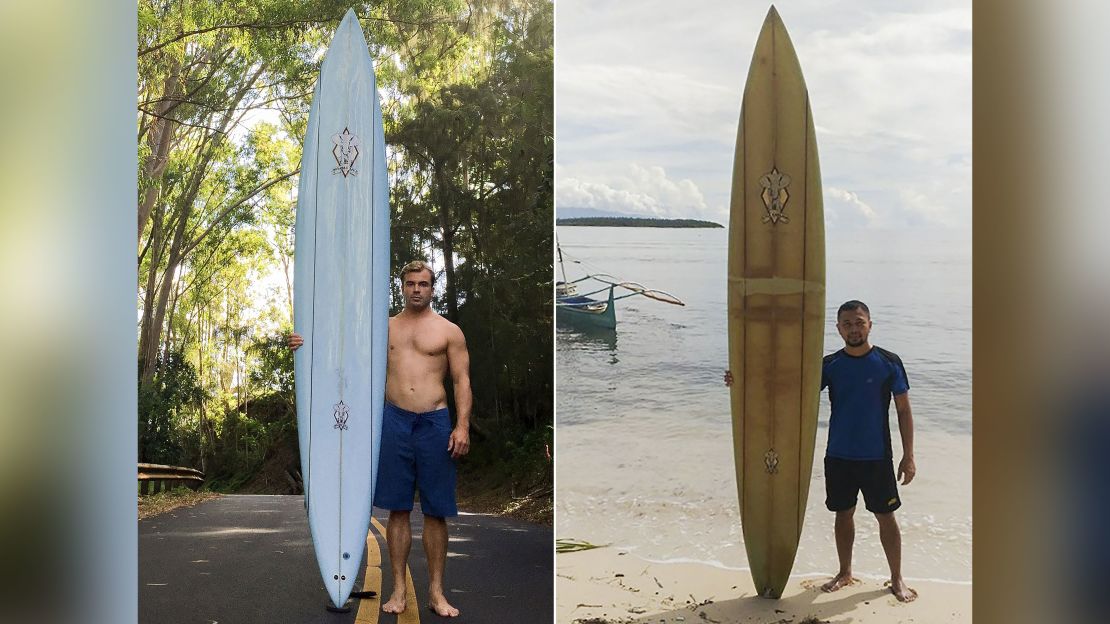 This combination image shows (left) surfer Doug Falter posing with his surfboard in Hawaii on October 18, 2015, and (right) Giovanne Branzuela posing with the same board on Sarangani Island in the Philippines in 2020. 