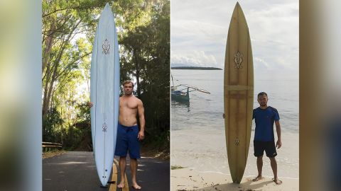 This combination image shows (left) surfer Doug Falter posing with his surfboard in Hawaii on October 18, 2015, and (right) Giovanne Branzuela posing with the same board on Sarangani Island in the Philippines in 2020. 