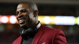 MIAMI, FLORIDA - FEBRUARY 02: Deion Sanders of the NLF 100 All-Time Team is honored on the field prior to Super Bowl LIV between the San Francisco 49ers and the Kansas City Chiefs at Hard Rock Stadium on February 02, 2020 in Miami, Florida. (Photo by Maddie Meyer/Getty Images)