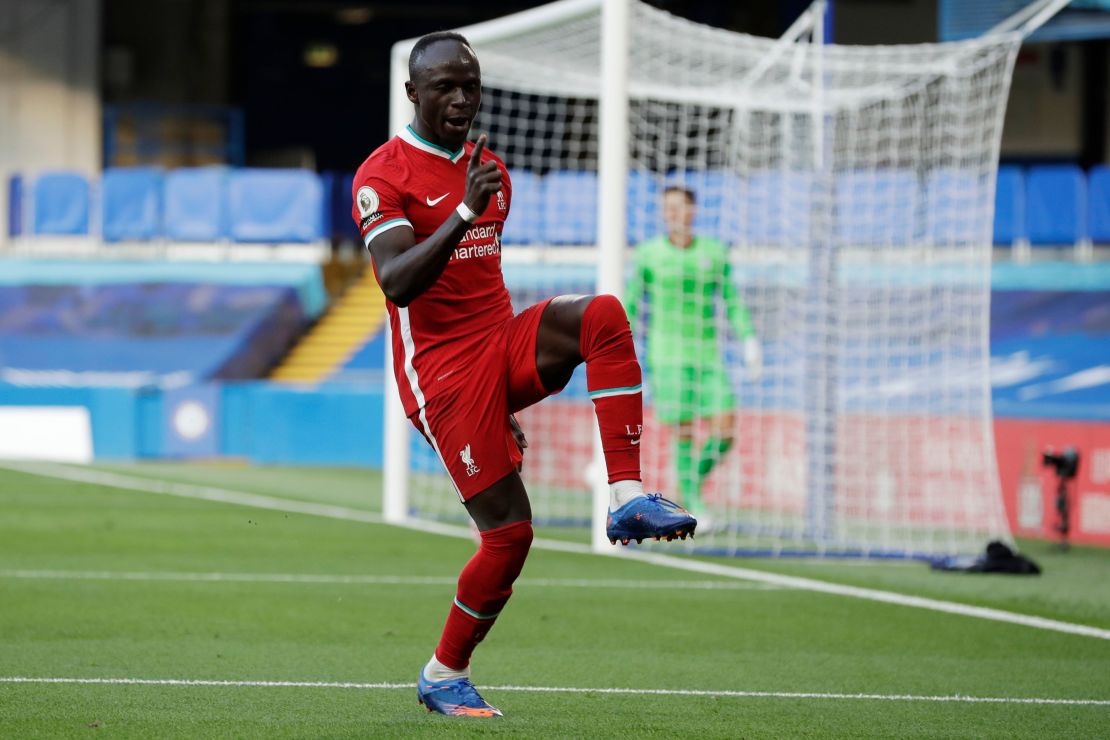 Sadio Mane celebrates after scoring his second goal of the match.