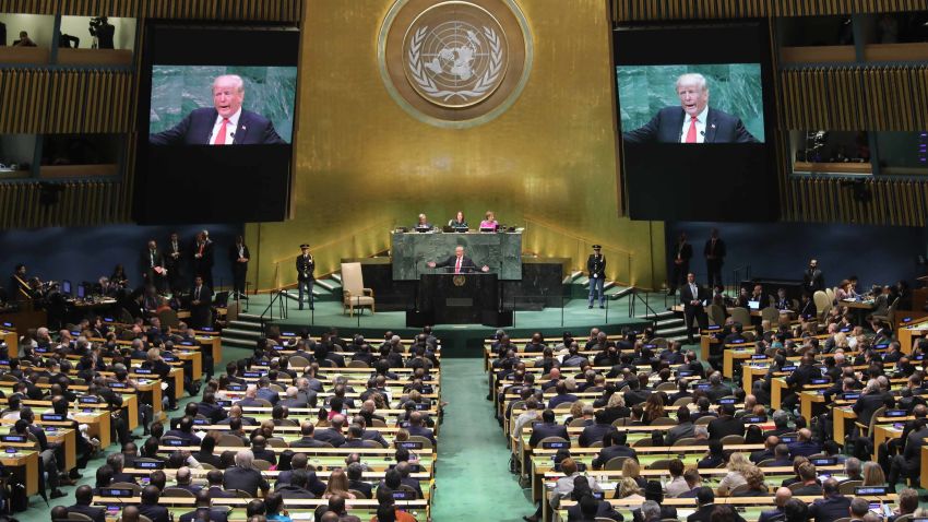 NEW YORK, NY - SEPTEMBER 25:  U.S. President Donald Trump addresses the United Nations General Assembly on September 25, 2018 in New York City. The United Nations General Assembly, or UNGA, is expected to attract 84 heads of state and 44 heads of government in New York City for a week of speeches, talks and high level diplomacy concerning global issues. New York City is under tight security for the annual event with dozens of road closures and thousands of security officers patrolling city streets and waterways. (Photo by John Moore/Getty Images)