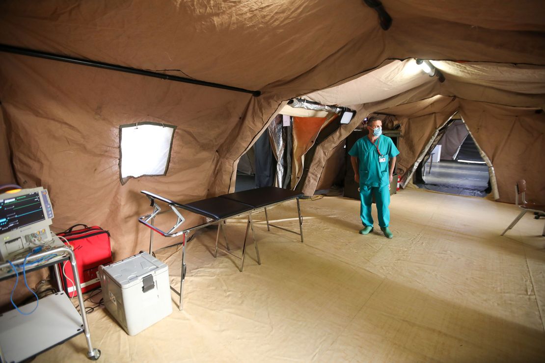 A medic walks around the coronavirus ward at the Italian field hospital at the Lebanese University campus in the town of Hadath in September 2020.