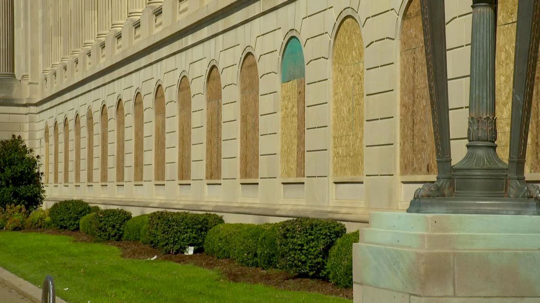 The Gene Snyder US Courthouse and Customhouse is seen with boarded up windows.