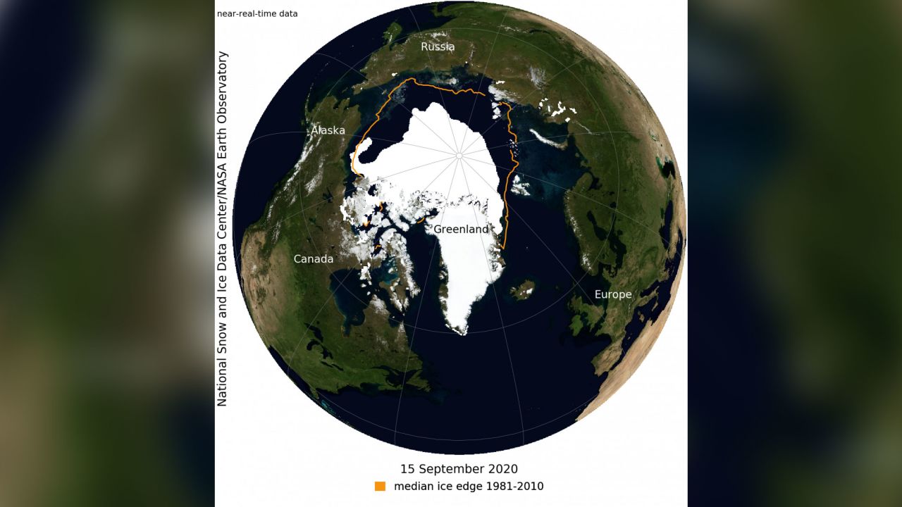 This NASA Blue Marble image shows Arctic sea ice on September 15, 2020, when sea ice reached its minimum extent for the year.