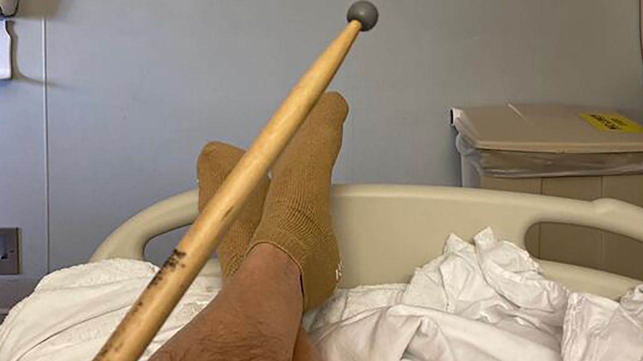 Ed Bettinelli takes his drumsticks with him -- even to the hospital.