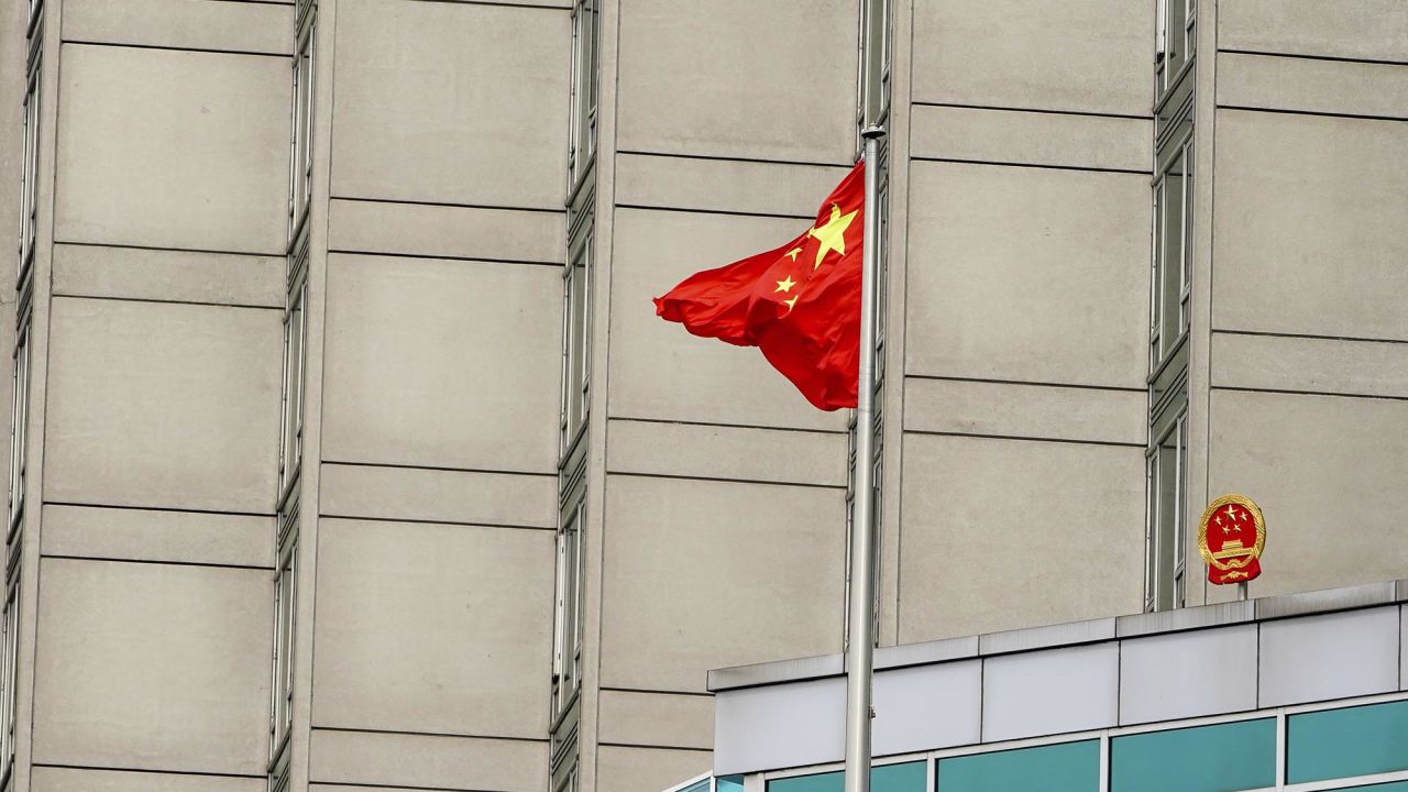 The Chinese flag flies at the country's consulate in New York on July 30, 2020.