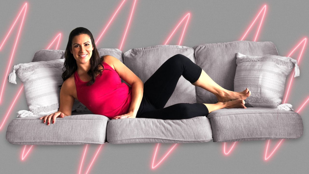 PBS host Stephanie Mansour of "Step It Up With Steph" demonstrates the clam exercise, part of a daily Pilates routine you can do from your couch.