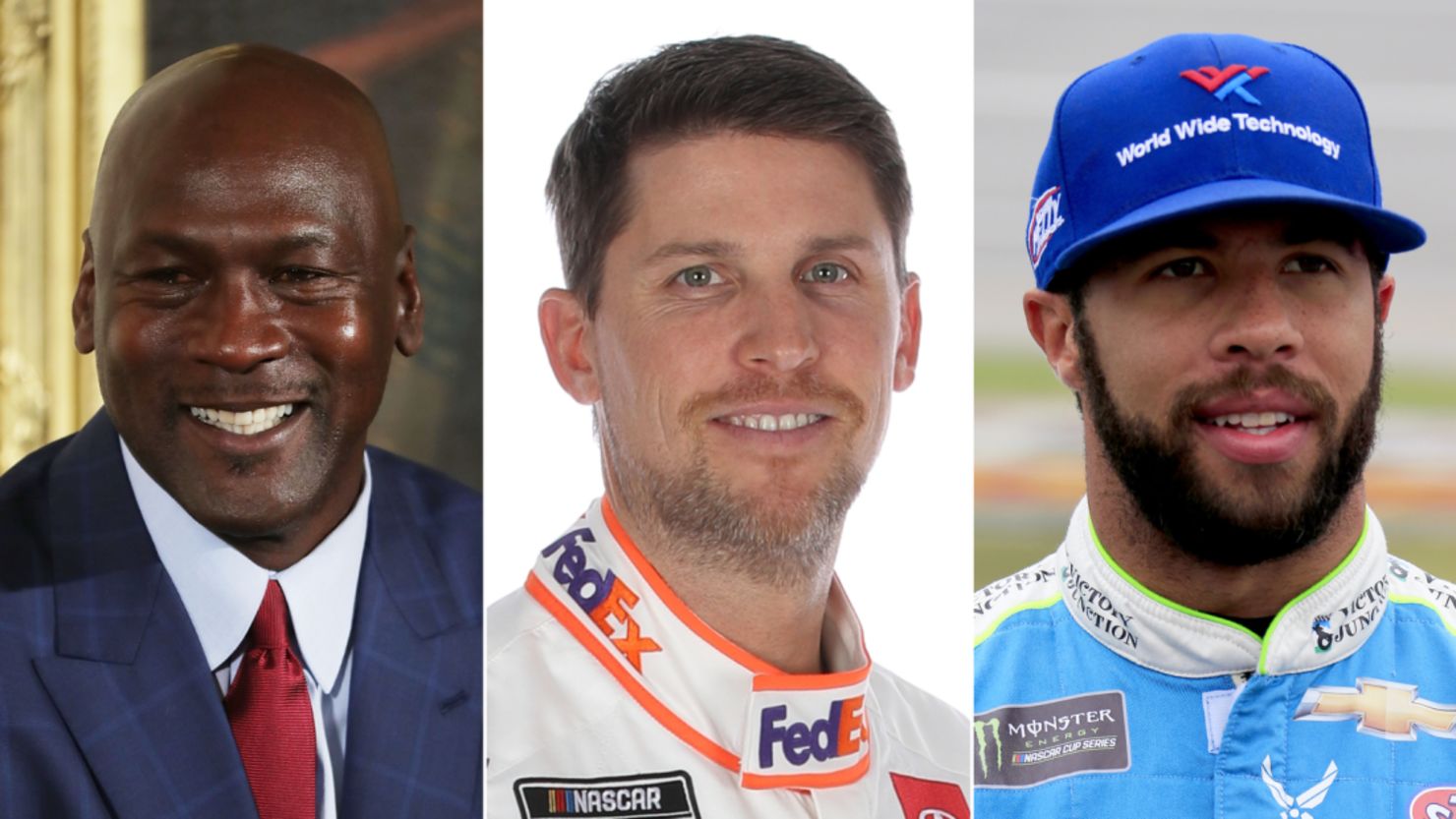 23XI Racing is co-owned by Michael Jordan, left, and NASCAR driver Denny Hamlin. The team's driver is Bubba Wallace, right.