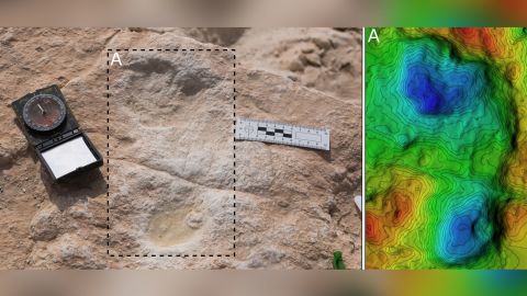The first human footprint discovered at Alathar and its corresponding digital elevation model.