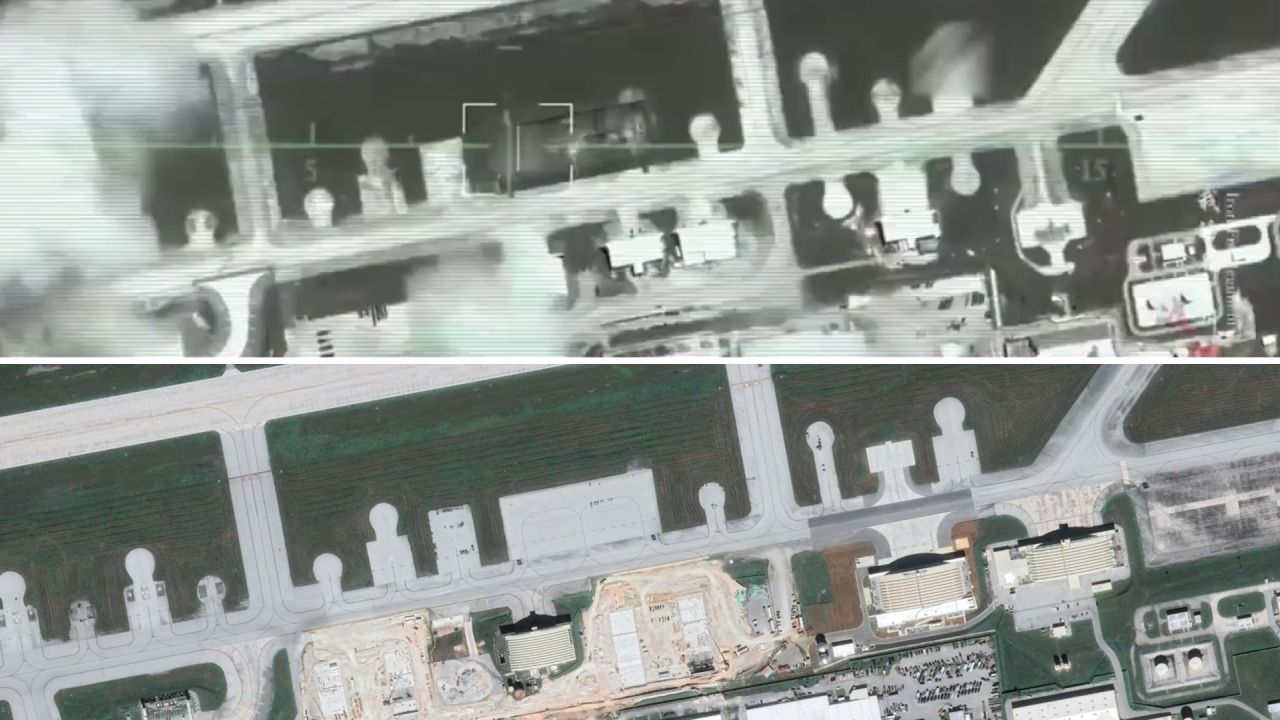 Top is a still captured from the Chinese air force video and bottom a shot from Google Earth of Andersen Air Force Base on Guam.