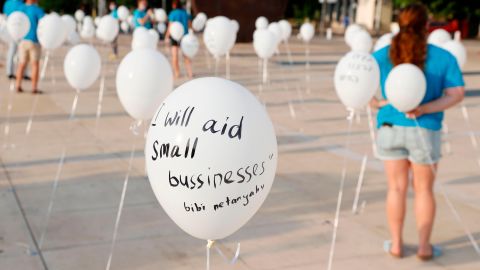 Balloons in Tel Aviv on September 15, installed to symbolize promises made by Netanyahu that protesters say he failed to keep.