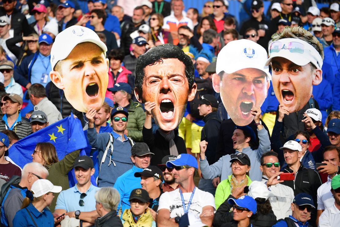 Fans pack the grandstand at Le Golf National in Paris to witness Team Europe's victory in 2018.