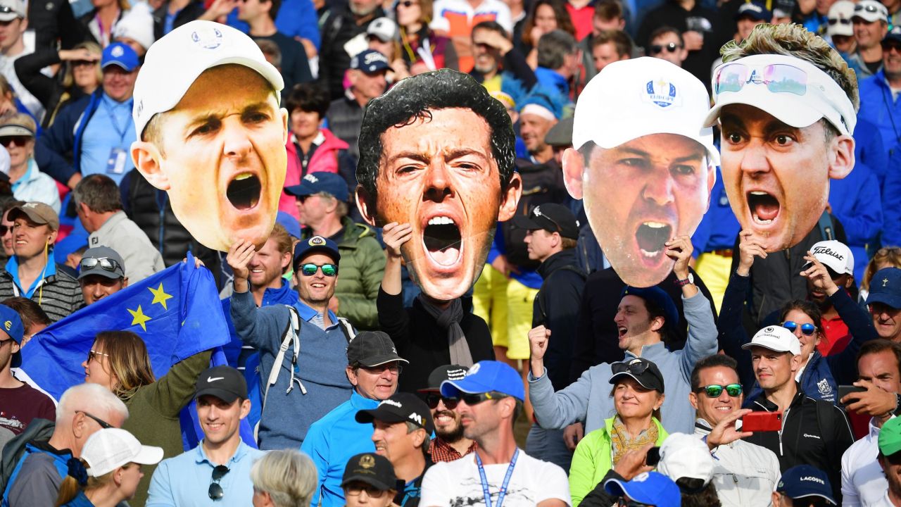 Fans pack the grandstand at Le Golf National in Paris to witness Team Europe's victory in 2018.