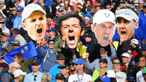 Fans pack the grandstand at Le Golf National in Paris to witness Team Europe's victory in 2018.