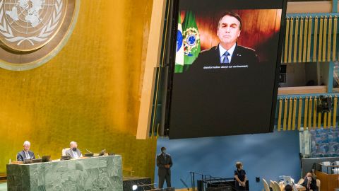 In this photo provided by the United Nations, Jair Bolsonaro speaks in a pre-recorded message played during the 75th session of the UN General Assembly on Sept. 22, 2020.