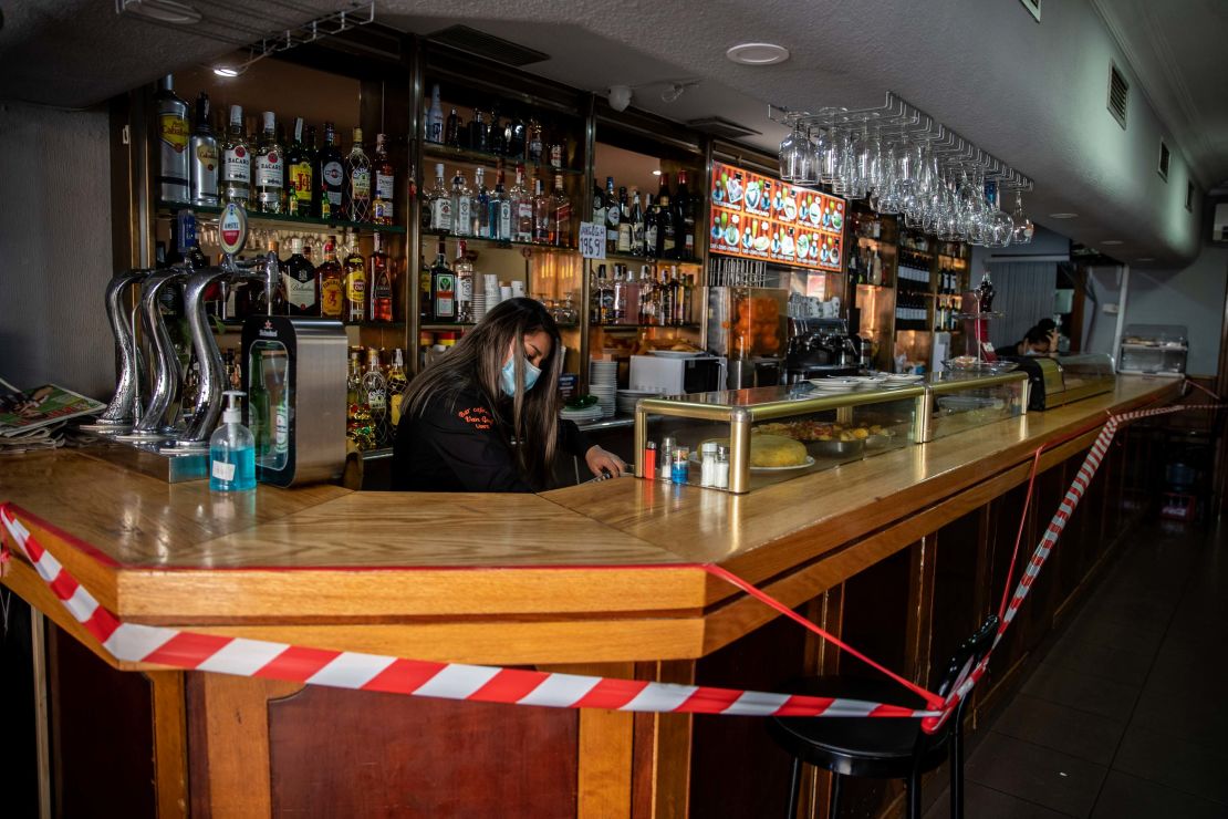 A bar counter is sealed off to prevent contact with customers in Madrid, Spain, on September 22.