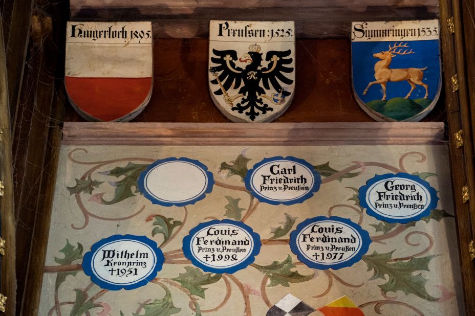 The Hohenzollern family tree painted on the walls of the castle's Ancestral Hall. Georg Friedrich, Price of Prussia, and his son Carl Friedrich are found at the top.