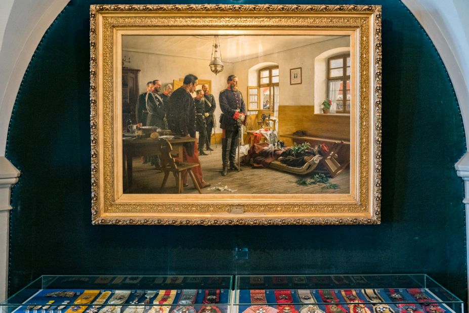 A painting on display at Hohenzollern Castle depicts Crown Prince Friedrich Wilhelm contemplating the corpse of French general Abel Douay, Franco-Prussian War, 1870.