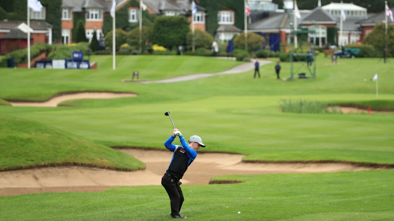 Lawlor plays his second shot on the 9th hole during day two of the UK Championship at The Belfry.
