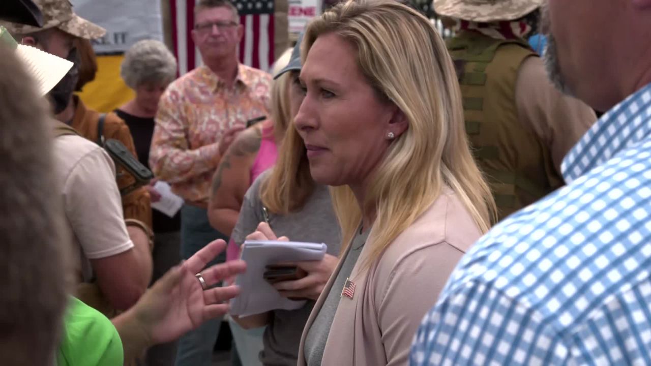 Marjorie Taylor Greene speaks with supporters in Catoosa County, Georgia, on September 19.