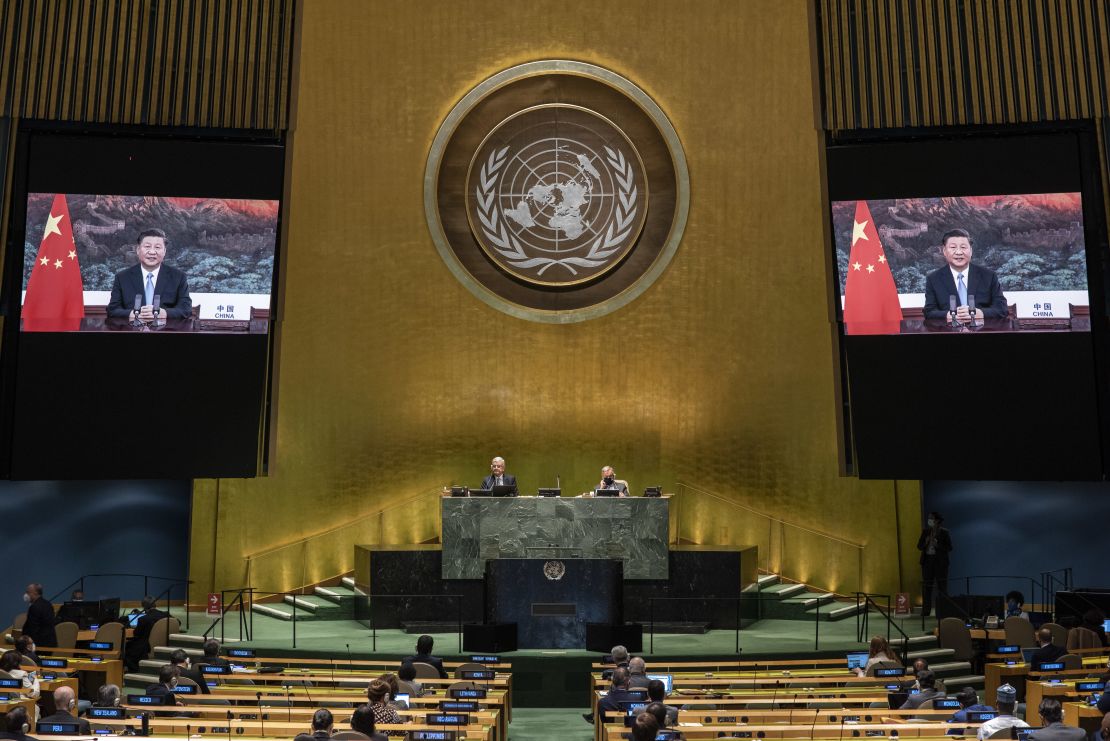 Chinese President Xi Jinping speaks by video link at the United Nations General Assembly on September 22, 2020. 