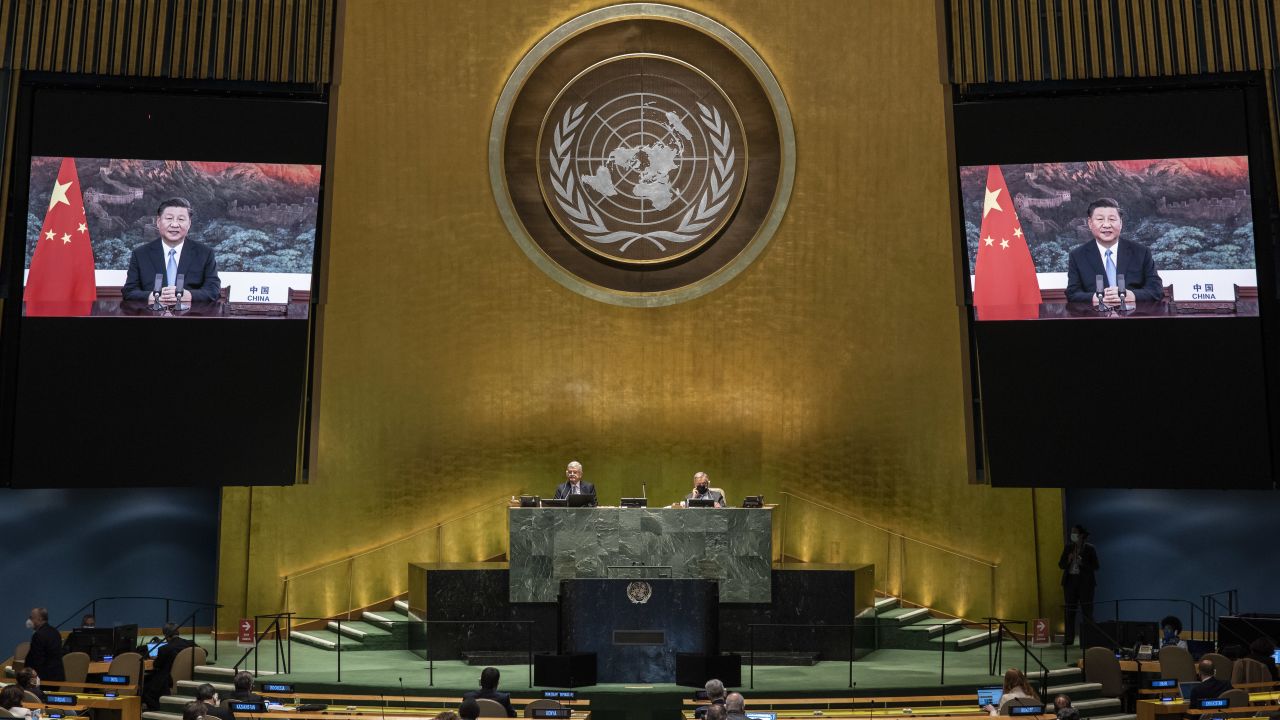 Chinese President Xi Jinping speaks by video link at the United Nations General Assembly on September 22, 2020.