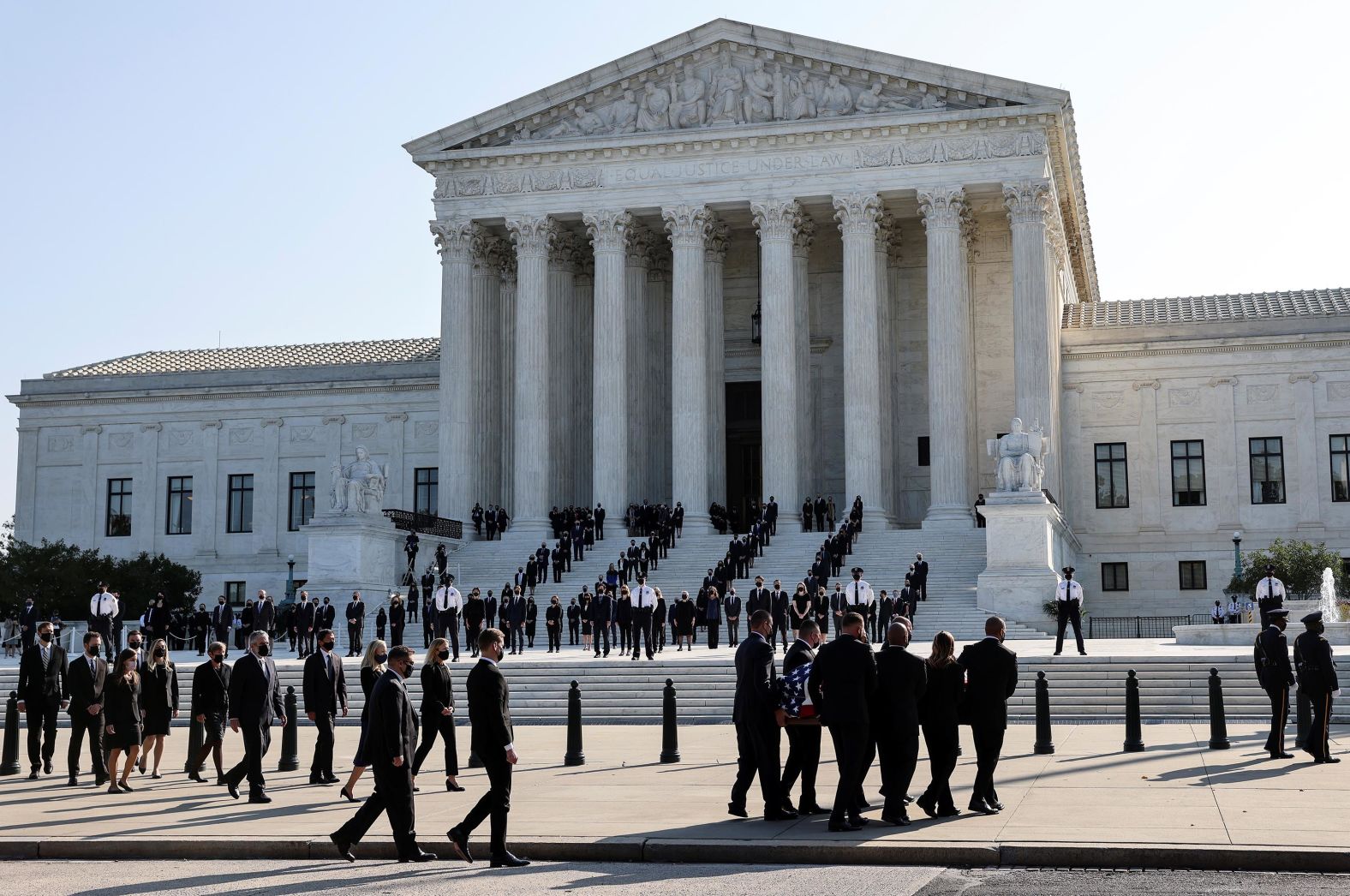 The casket arrived in front of the Supreme Court just before 9:30 a.m. ET on Wednesday, and a private ceremony with family, close friends and the justices took place in the Great Hall at the court.