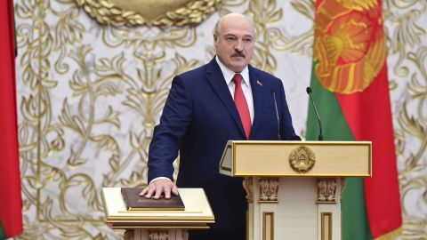 President Alexander Lukashenko takes his oath of office during an unannounced inauguration ceremony in Minsk on September 23.