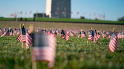 A memorial for people who have died as a result of of covid-19 is seen on the National Mall on September 22, 2020 in Washington, DC. - The memorial consists of 200,000 US flags, one for each US victim of the COVID-19 pandemic. (Photo by Alex Edelman / AFP) (Photo by ALEX EDELMAN/AFP via Getty Images)